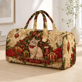 Christmas Cat Decorated Tree With Gifts And Stocking Cozy Holiday Travel Style For Women Quilted Weekend Bag