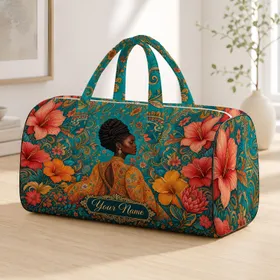 African Heritage Woman With Tropical Flowers And Gold Dress For Travel Style For Her Quilted Weekend Bag