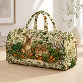 Brown Rabbits And Carrot Garden Folk Botanicals For Countryside Getaways Bunny Fans Quilted Weekend Bag