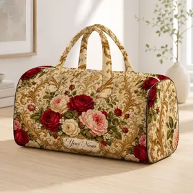 Vintage Red Rose And Gold Baroque Scrolls For Romantic European Travel Style Women Quilted Weekend Bag