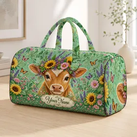 Baby Calf Flower Crown Mint Green Florals Pastoral Farmhouse Travel Gift For Women Quilted Weekend Bag