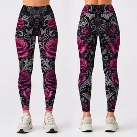 Fuchsia Roses And Silver Baroque Scrolls Gothic Night Out Athleisure Style For Women Leggings