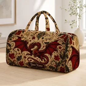 Crimson Flying Dragon With Autumn Maple Leaves Gothic Fantasy Travel Gift For Her Quilted Weekend Bag