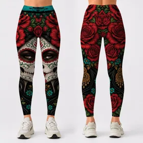 Día De Los Muertos Calavera Rose Skull Mask For Festival Dance And Yoga Style Outfits Leggings