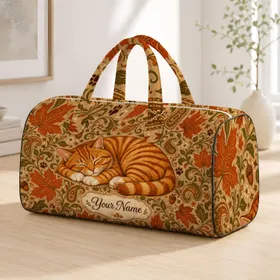 Sleeping Orange Tabby Cat Autumn Leaves Khaki Paisley Monogram Gift For Cat Lovers Quilted Weekend Bag