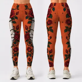 Skeleton Leg Bone With Crimson Roses For Halloween Gothic Cute Spooky Floral Style Leggings
