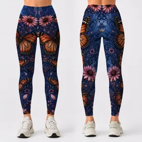 Indigo Faux Denim Monarch Butterfly Floral Cascade Casual Festival Style For Women Leggings