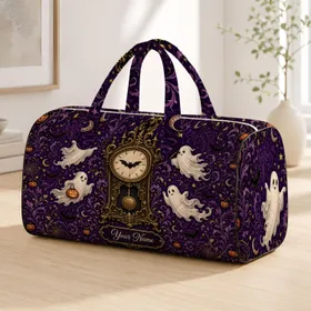 Haunted Clock And Friendly Ghosts Deep Purple Halloween Travel Style For Her With Bats Quilted Weekend Bag