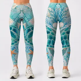 Teal Sea Turtle With Coral Reef Coastal Boho Beach Resort Vacation Style For Women Leggings