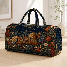Chestnut Carousel Horse With Boho Florals For Vintage Travel Style And Dance Lovers Quilted Weekend Bag