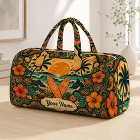 Retro Sunset Palm Surf Scene With Hibiscus Shells For Tropical Vacation Travel Days Quilted Weekend Bag