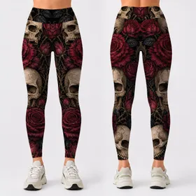 Gothic Skull And Crimson Rose Dark Floral For Alternative Festival Streetwear Women Leggings