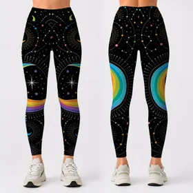Rainbow Crescent Moon Celestial Galaxy Stars For Boho Festival Yoga Nights And Women Leggings