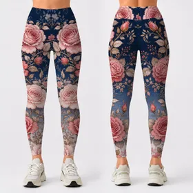Dusty Rose Faux Denim Floral Vine Boho Casual Dark Indigo Ivory Plus Size Style Look Leggings