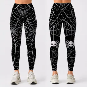 White Spiderweb And Cute Spider On Black For Playful Halloween Goth Streetwear Women Leggings