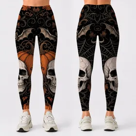 Gothic Skull Pumpkin Webs And Bats For Halloween Parties And Spooky Autumn Style Leggings