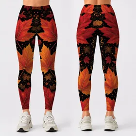 Autumn Maple Leaves And Music Notes On Black For Fall Festival Concert Outfits Women Leggings