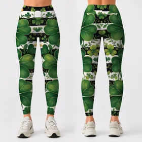 Black White Stripes With Emerald Shamrocks And Gold Coins For St Patricks Day Celebration Leggings