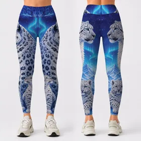 Arctic Snow Leopard Mother And Cubs In Cobalt Aurora Wilderness For Winter Style Leggings