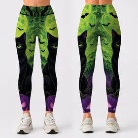 Neon Black Cat Halloween Graveyard With Purple Pumpkins For Spooky Cute Night Out Leggings