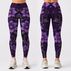 Purple Clematis Vine Floral All Over Style For Yoga Studio Lounge And Festival Wear Leggings