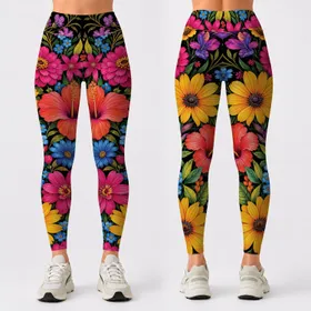 Bold Tropical Floral Garden On Black For Spring Summer Casual Outfits And Festivals Leggings