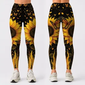 Golden Sunflower And Butterfly Espresso Floral Style For Summer Festivals And Yoga Leggings