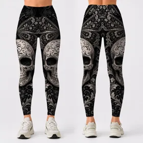 Gothic Sugar Skull Butterfly With Baroque Floral Filigree For Dark Romantic Style Leggings