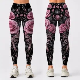Blush Rose Crystal Love Bouquet On Black For Romantic Glam Nights And Gift Style Leggings