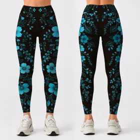 Turquoise Botanical Vine Cascade On Espresso Black For Boutique Yoga Style Women Leggings