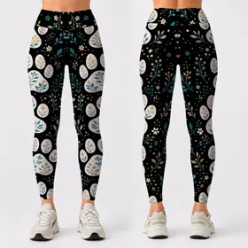 Ivory Paw Marks With Teal Botanical Accents On Black For Yoga Gym Pet Lover Style Leggings
