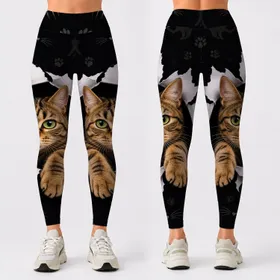 Peekaboo Tabby Cat Torn Paper Black Matte Streetwear Outfit Style For Cat Lovers Leggings
