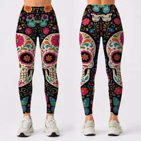 Floral Sugar Skull Garden With Butterflies For Halloween Fiesta And Día De Muertos Leggings