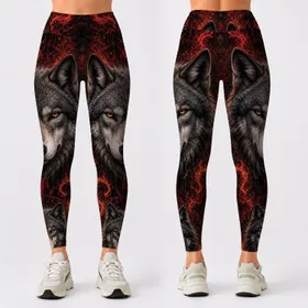 Fierce Gray Wolf With Gothic Flames For Biker Nights And Wilderness Streetwear Style Leggings