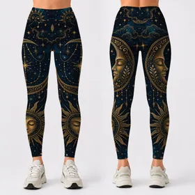 Celestial Crescent Moon And Stars Boho Night Sky For Yoga Festival Lounge Wear Style Leggings