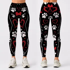 Hand And Paw With Red Hearts For Pet Lover Gym Outings And Casual Streetwear Women Leggings