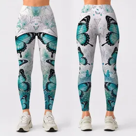 Turquoise Butterfly Watercolor Cosmos For Yoga Studio Festival And Everyday Style Leggings
