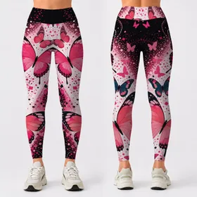 Pink Butterfly Confetti On Black White Diagonal Sash For Summer Yoga Lounge Style Leggings