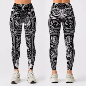 Monochrome Gothic Cross With Roses For Dark Romantic Streetwear And Alt Fashion Style Leggings
