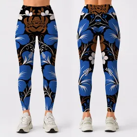 Blue Tropical Floral On Black Botanical Statement For Yoga Studio And Weekend Wear Leggings