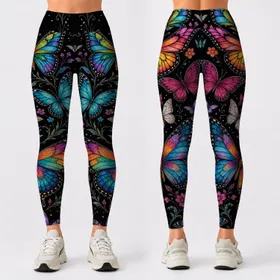 Rainbow Stained Glass Butterflies On Black For Boutique Casual Style And Yoga Days Leggings