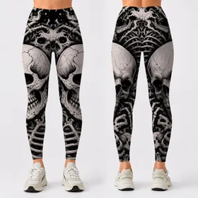 Gothic Skull And Bones Horror Comic Motif For Halloween Night Out Plus Size Women Leggings
