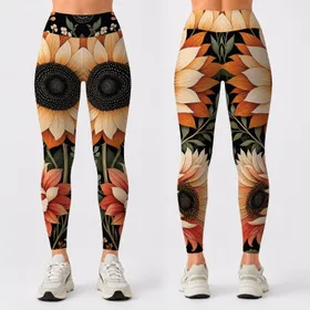 Black Sunflower Botanical Floral For Yoga Studio Streetwear And Curvy Style Wardrobe Leggings