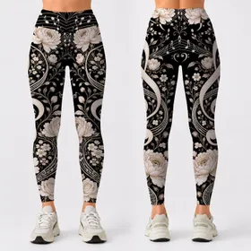 Ivory Music Notes And Floral Treble Clef On Black For Concert Night Style Outfits Leggings