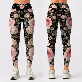 Blush Rose Botanical On Black For Romantic Everyday Style And Plus Size Wardrobes Leggings