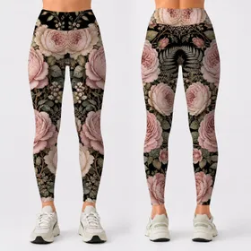 Vintage Botanical Roses On Black For Yoga Studio Lounge And Weekend Style Plus Women Leggings