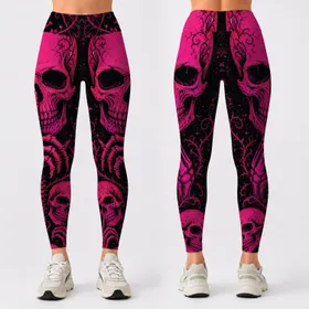 Neon Pink Gothic Skull And Bone Halloween Party Spooky Night Goth Punk Outfit For Women Leggings