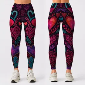 Vibrant Hearts On Black Plum For Romantic Date Night And Boutique Festival Style Leggings