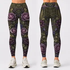 Vintage Purple Rose Botanical Cascade For Moody Garden Style And Everyday Yoga Wear Leggings