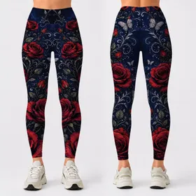 Dark Blue Crimson Rose Vine With Silver Filigree For Gothic Romance Evening Style Women Leggings